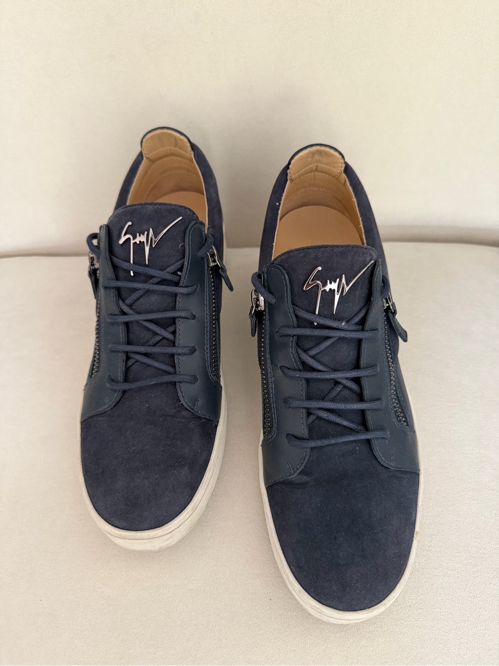 Giuseppe Zanotti Men's Dark Navy Suede Low-Top Sneakers with Side Zips